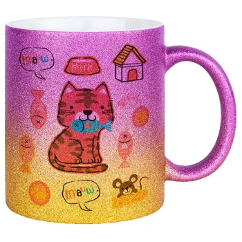 Cats and Fishes, Κούπα Χρυσή/Ροζ Glitter, κεραμική, 330ml