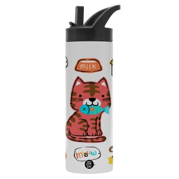 Cats and Fishes, Metallic thermos bottle with straw & handle, stainless steel (Stainless steel 304), double-walled, 600ml.