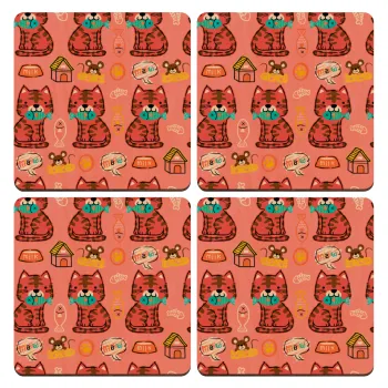 Cats and Fishes, ΣΕΤ x4 Σουβέρ ξύλινα τετράγωνα plywood (9cm)