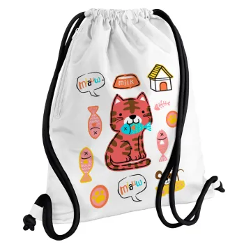 Cats and Fishes, Backpack pouch GYMBAG white, with pocket (40x48cm) & thick cords