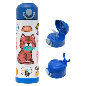 Cats and Fishes, Children's hot water bottle, stainless steel, with safety straw, BLUE (500ml)