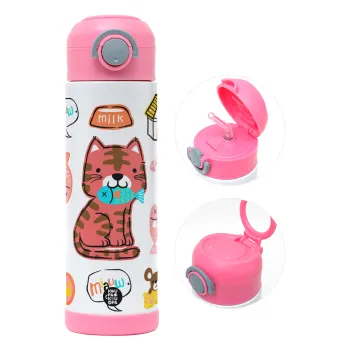 Cats and Fishes, Children's hot water bottle, stainless steel, with safety straw, PINK (500ml)