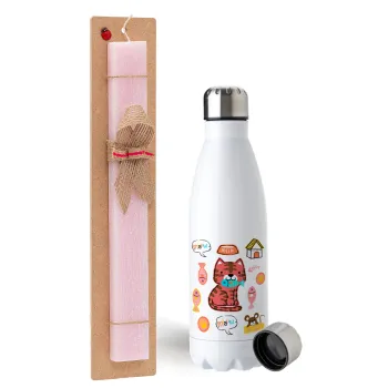 Cats and Fishes, Easter Set, metallic stainless steel water bottle (750ml) & scented flat Easter candle (30cm) (PINK)