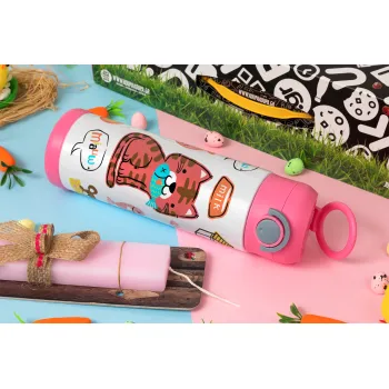 Cats and Fishes, Easter candle, Childrens hot water bottle, stainless steel, with safety straw, PINK (500ml)