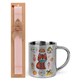 Cats and Fishes, Easter Set, metallic thermal cup (300ml) & aromatic flat Easter candle (30cm) (PINK)