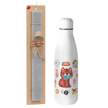 Cats and Fishes, Easter Set, metallic stainless thermos bottle (500ml) & scented flat Easter candle (30cm) (GRAY)