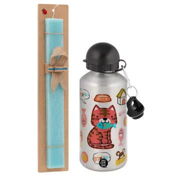 Cats and Fishes, Easter Set, metallic silver aluminum water bottle (500ml) & scented flat Easter candle (30cm) (TURQUOISE)