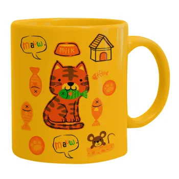 Cats and Fishes, Κούπα, κεραμική κίτρινη, 330ml