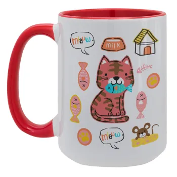 Cats and Fishes, Κούπα Mega 15oz, κεραμική Κόκκινη, 450ml