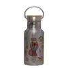 Stainless steel metallic thermos flask, silver with a bamboo lid, double-walled, 350ml.