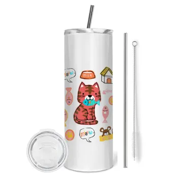 Cats and Fishes, Tumbler ποτήρι θερμό από ανοξείδωτο ατσάλι 600ml, με μεταλλικό καλαμάκι & βούρτσα καθαρισμού