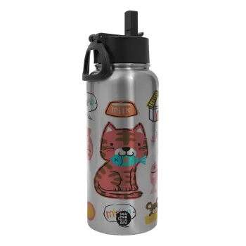 Cats and Fishes, Metal mug thermo Silver with Straw and Spout Lid (Stainless steel), double wall, 950ml