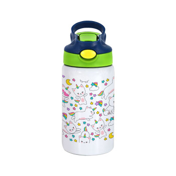 Cats unicorns, Children's hot water bottle, stainless steel, with safety straw, green, blue (350ml)