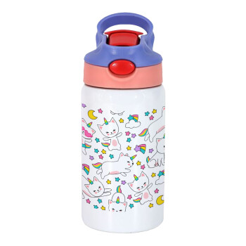Cats unicorns, Children's hot water bottle, stainless steel, with safety straw, pink/purple (350ml)