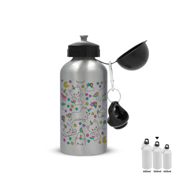 Cats unicorns, Metallic water jug, Silver, aluminum 500ml