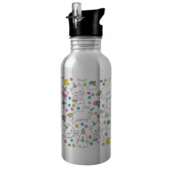 Cats unicorns, Water bottle Silver with straw, stainless steel 600ml