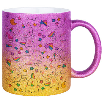 Cats unicorns, Κούπα Χρυσή/Ροζ Glitter, κεραμική, 330ml