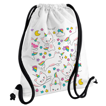 Cats unicorns, Backpack pouch GYMBAG white, with pocket (40x48cm) & thick cords