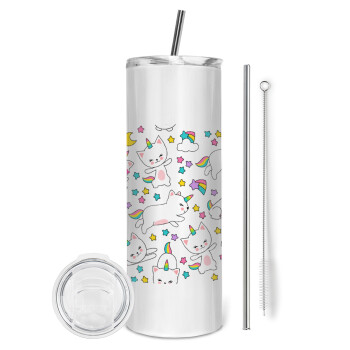 Cats unicorns, Eco friendly stainless steel tumbler 600ml, with metal straw & cleaning brush