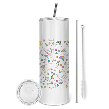 Cats unicorns, Tumbler ποτήρι θερμό από ανοξείδωτο ατσάλι 600ml, με μεταλλικό καλαμάκι & βούρτσα καθαρισμού