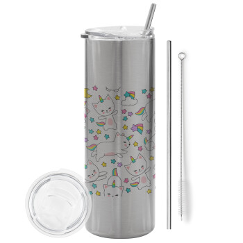 Cats unicorns, Eco friendly stainless steel Silver tumbler 600ml, with metal straw & cleaning brush