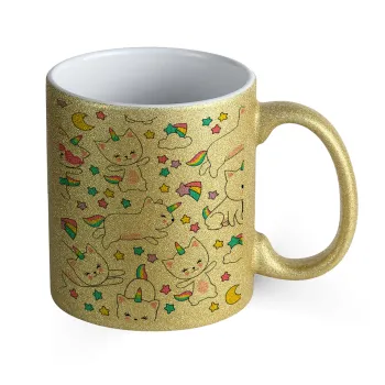 Cats unicorns, Κούπα Χρυσή Glitter που γυαλίζει, κεραμική, 330ml