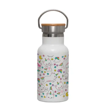Cats unicorns, Metallic thermos (Stainless steel) White with wooden lid (bamboo), double-walled, 350ml
