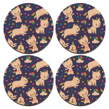 Cats unicorns, ΣΕΤ x4 Σουβέρ ξύλινα στρογγυλά plywood (9cm)