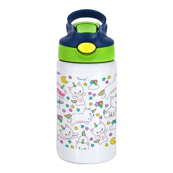 Cats unicorns, Children's hot water bottle, stainless steel, with safety straw, green, blue (350ml)