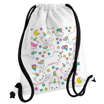 Cats unicorns, Backpack pouch GYMBAG white, with pocket (40x48cm) & thick cords