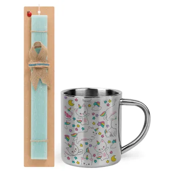 Cats unicorns, Easter Set, metallic thermal cup (300ml) & aromatic flat Easter candle (30cm) (TURQUOISE)