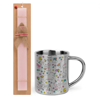 Cats unicorns, Easter Set, metallic thermal cup (300ml) & aromatic flat Easter candle (30cm) (PINK)