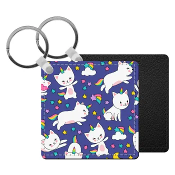 Cats unicorns, Μπρελόκ Δερματίνη, τετράγωνο ΜΑΥΡΟ (5x5cm)