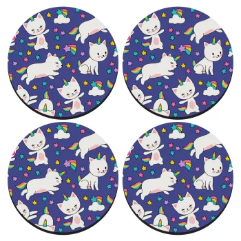 Cats unicorns, ΣΕΤ 4 Σουβέρ ξύλινα στρογγυλά (9cm)
