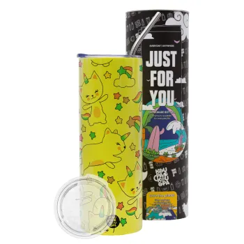 Cats unicorns, Neon Yellow Travel Tumbler θερμό, μεταλλικό καλαμάκι(Ανωξείδωτο 304 Food grade, BPA free, 600ml)