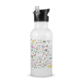 Cats unicorns, Παγούρι νερού Λευκό με καλαμάκι, ανοξείδωτο ατσάλι 600ml