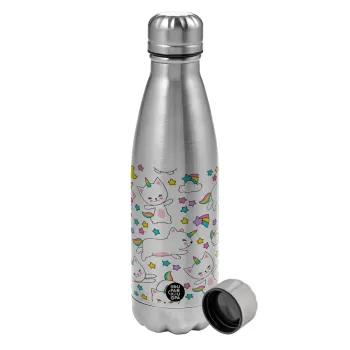 Cats unicorns, Metallic water bottle, stainless steel, 750ml