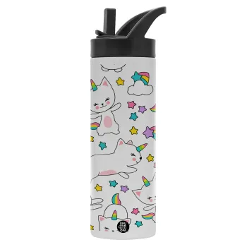 Cats unicorns, Metallic thermos bottle with straw & handle, stainless steel (Stainless steel 304), double-walled, 600ml.