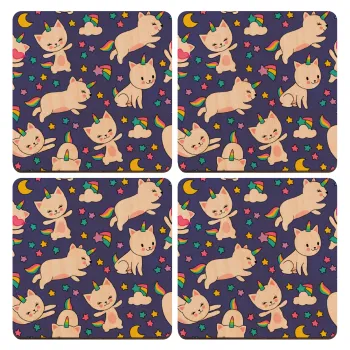 Cats unicorns, ΣΕΤ x4 Σουβέρ ξύλινα τετράγωνα plywood (9cm)