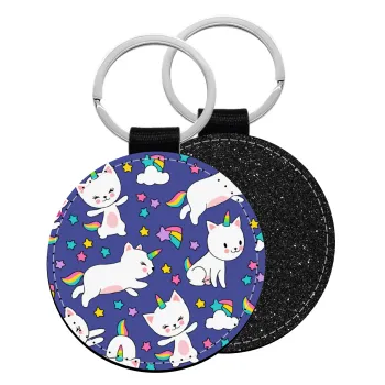 Cats unicorns, Μπρελόκ Δερματίνη, στρογγυλό ΜΑΥΡΟ (5cm)