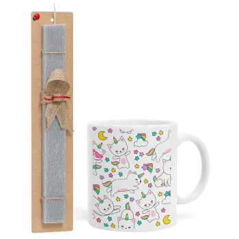 Cats unicorns, Easter Set, Ceramic Cup (330ml) & Easter aromatic flat candle (30cm) (GRAY)