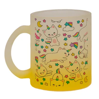 Cats unicorns, Κούπα γυάλινη δίχρωμη με βάση το κίτρινο ματ, 330ml