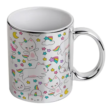 Cats unicorns, Κούπα κεραμική, ασημένια καθρέπτης, 330ml