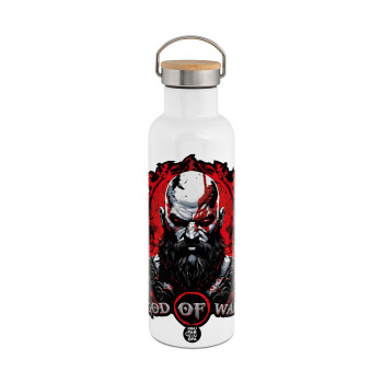 God of war, Stainless steel White with wooden lid (bamboo), double wall, 750ml