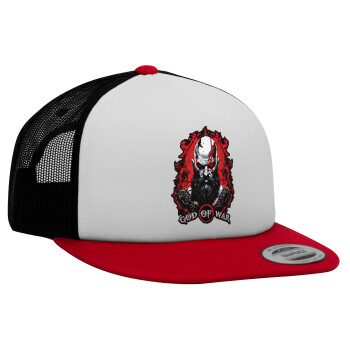 God of war, Adult Foam Flat Snapback with Mesh Red-White-Black (POLYESTER, ADULT, UNISEX, ONE SIZE)