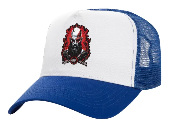 God of war — Adult Structured Trucker Hat, with Mesh, WHITE/BLUE (100% COTTON, ADULT, UNISEX, ONE SIZE)