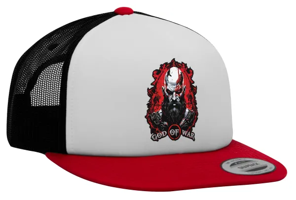 God of war — Adult Foam Flat Snapback with Mesh Red-White-Black (POLYESTER, ADULT, UNISEX, ONE SIZE)