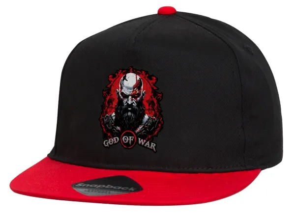 God of war — Καπέλο Flat Snapback, Μαύρο/Κόκκινο (100% ΒΑΜΒΑΚΕΡΟ,UNISEX, ONE SIZE)