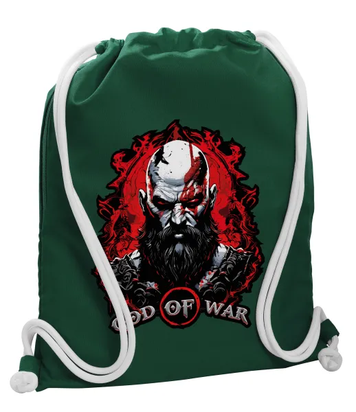 God of war — Backpack pouch GYMBAG BOTTLE GREEN, with pocket (40x48cm) & thick white cords