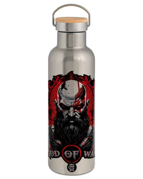 God of war — Stainless steel Silver with wooden lid (bamboo), double wall, 750ml